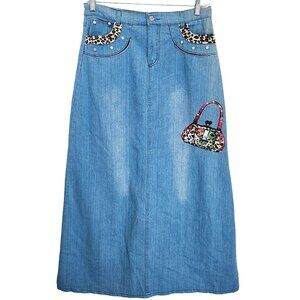Vintage Y2K Denim Maxi‎ Skirt Appliqué Patchwork Purse Leopard Long Sz 30
